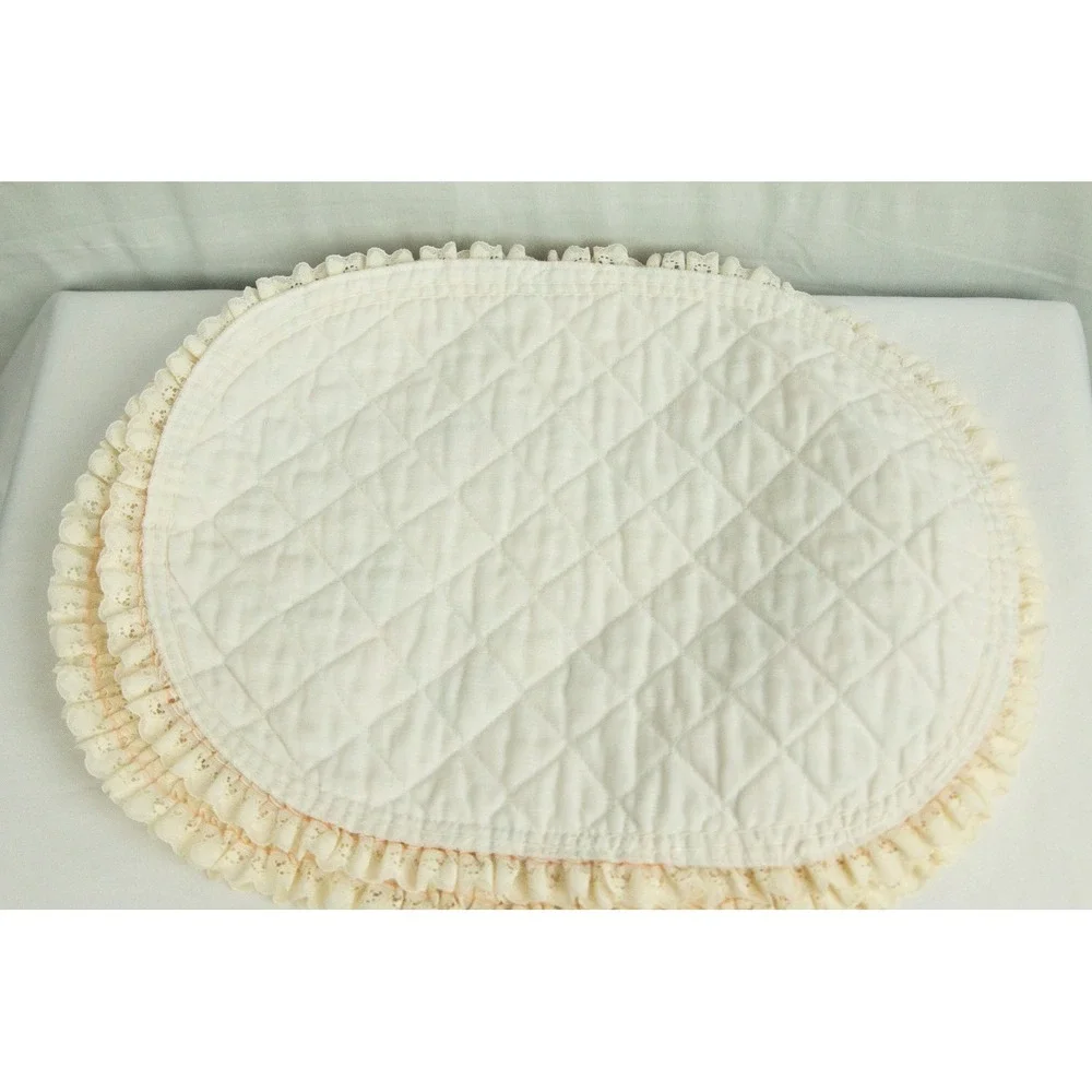 Vintage Floral Quilted Oval Placemat Cream Pastel Pink Yellow Lace Ruffle Trim